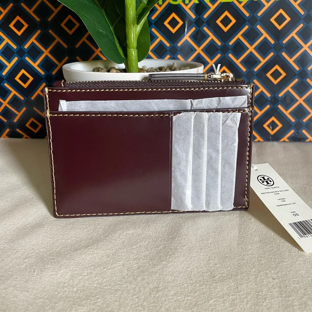 NWT , Tory Burch Britten smooth zip card case Card Holder tempranillo co… - Picture 8 of 10